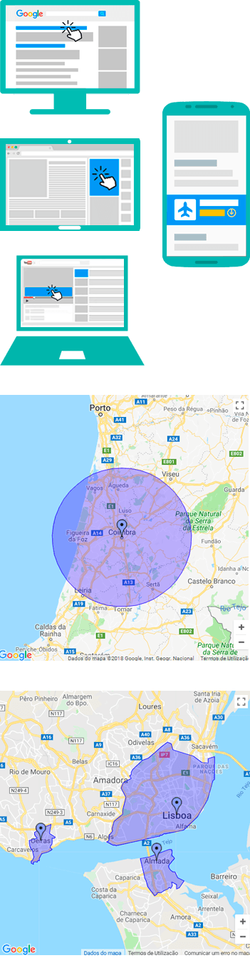 anúncios pesquisa em diferentes áreas geográficas do mapa